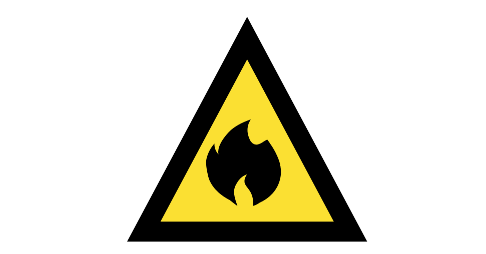 A yellow triangle with a black flame in the centerDescription automatically generated