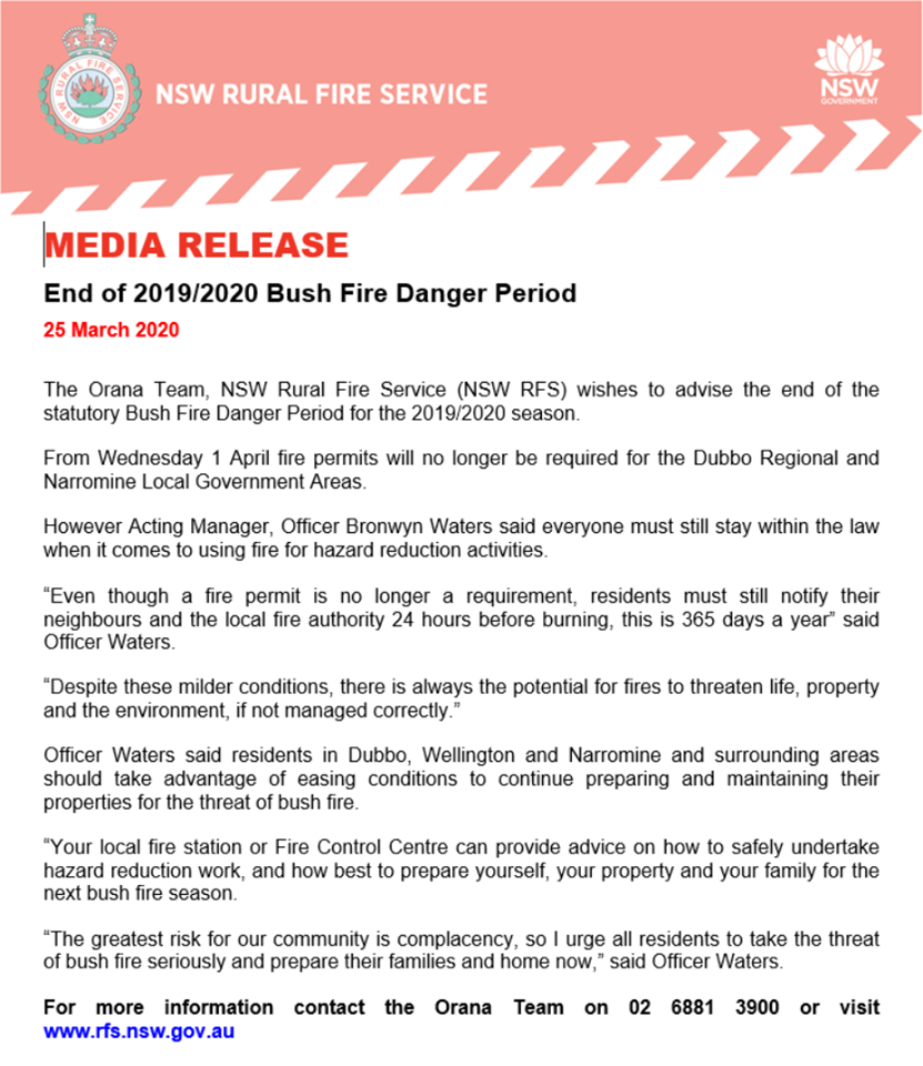 Orana Fire danger period ends