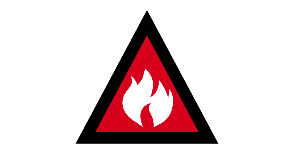 A red triangle with white flamesDescription automatically generated